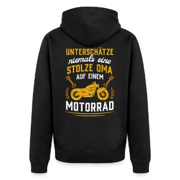 ...stolze Oma auf einem Motorrad - Unisex Premium Bio Zip Hoodie - Schwarz - Hinten - Nico (187cm)