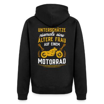 Unterschätze niemals eine ältere Frau mit Motorrad - Unisex Premium Bio Zip Hoodie - Schwarz - Hinten - Nico (187cm)