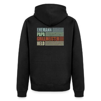 Ehemann Papa Grillmeister Held - Unisex Premium Bio Zip Hoodie - Schwarz - Hinten - Nico (187cm)