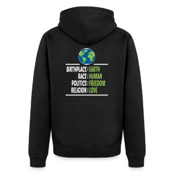 Lieu de naissance Terre Race Liberté humaine Religion Amour - Veste à capuche bio Premium Unisexe - noir - Dos - Nico (187cm)