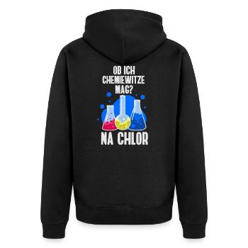 Ob ich Chemie-Witze mag? Na Chlor Wortwitz - Unisex Premium Bio Zip Hoodie - Schwarz - Hinten - Nico (187cm)