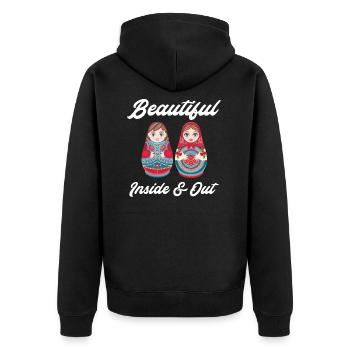 Beautiful Inside & Out Matrjoschka Babuschka - Unisex Premium Bio Zip Hoodie - Schwarz - Hinten - Nico (187cm)