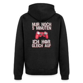 Lustige Gamer Zocker Sprüche Nur noch 5 Minuten - Unisex Premium Bio Zip Hoodie - Schwarz - Hinten - Nico (187cm)