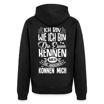 Ich bin wie ich bin die einen kennen mich können - Unisex Premium Bio Zip Hoodie - Schwarz - Hinten - Nico (187cm)