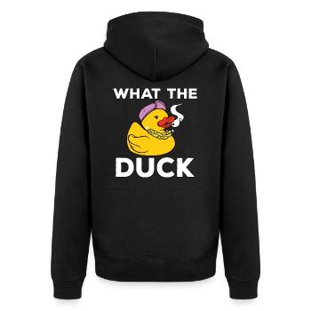 Ich mag Enten What the Duck Gelbe Enten - Unisex Premium Bio Zip Hoodie - Schwarz - Hinten - Nico (187cm)