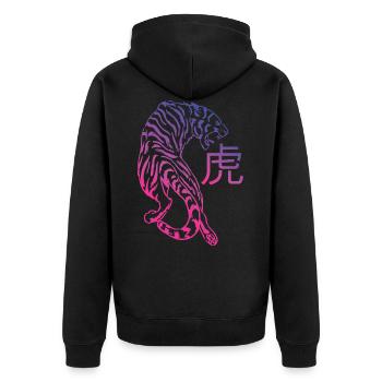 Tiger Retro Synthwave Kanji - Unisex Premium Bio Zip Hoodie - Schwarz - Hinten - Nico (187cm)