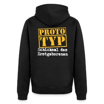 Prototyp Erstgeborener Geburt Geschwister Spruch - Unisex Premium Bio Zip Hoodie - Schwarz - Hinten - Nico (187cm)