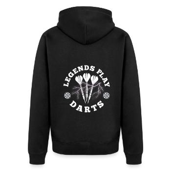 Legenden spielen Dart. - Unisex Premium Bio Zip Hoodie - Schwarz - Hinten - Nico (187cm)