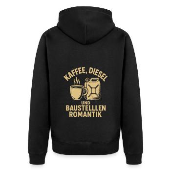 Baustelle Kaffee und Diesel - Baustellen Romantik - Unisex Premium Bio Zip Hoodie - Schwarz - Hinten - Nico (187cm)