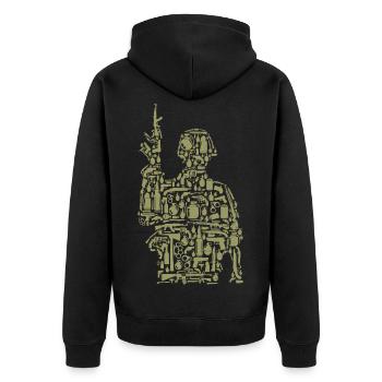 Soldier Silhouette Made of Military Gear  - Unisex Premium Organic Zip Hoodie - black - Back - Nico (187cm)