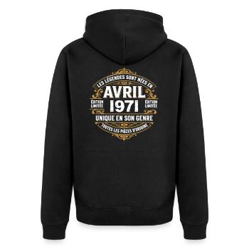 Millésime avril 1971 shirt Anniversaire Avril 1971 - Veste à capuche bio Premium Unisexe - noir - Dos - Nico (187cm)