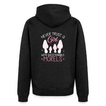 Never Trust Questionable Morels Funny Morel - Unisex Premium Organic Zip Hoodie - black - Back - Nico (187cm)