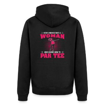 Unterschätzen Sie niemals eine Frau, die Golf - Unisex Premium Bio Zip Hoodie - Schwarz - Hinten - Nico (187cm)