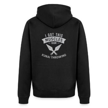 I Got This Muscles From Kunai Wurfmesser - Unisex Premium Bio Zip Hoodie - Schwarz - Hinten - Nico (187cm)