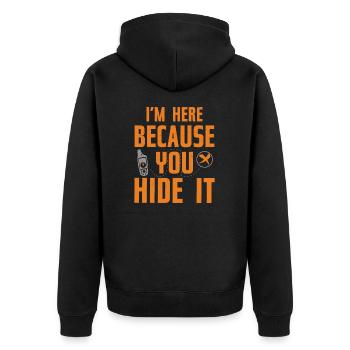 Ich bin hier, weil du lustiger Geocaching-Humor - Unisex Premium Bio Zip Hoodie - Schwarz - Hinten - Nico (187cm)