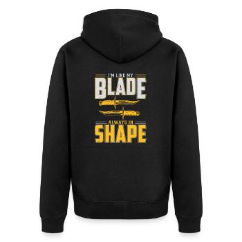 Lustiger Messersammler mit Aufschrift "I'm Like - Unisex Premium Bio Zip Hoodie - Schwarz - Hinten - Nico (187cm)