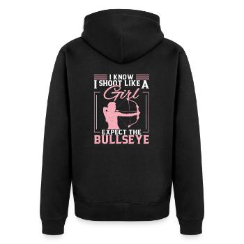 Ich weiß, ich schieße wie ein Mädchen Lustiger - Unisex Premium Bio Zip Hoodie - Schwarz - Hinten - Nico (187cm)