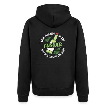 Soju ist vielleicht nicht die Antwort, aber es - Unisex Premium Bio Zip Hoodie - Schwarz - Hinten - Nico (187cm)