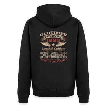 Oldtimer Februar Jahrgang 1995 Mann 28. Geburtstag - Unisex Premium Bio Zip Hoodie - Schwarz - Hinten - Nico (187cm)