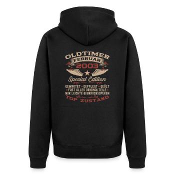 Oldtimer Februar Jahrgang 2003 Mann 20. Geburtstag - Unisex Premium Bio Zip Hoodie - Schwarz - Hinten - Nico (187cm)