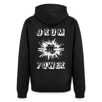"DRUM POWER" - Schlagzeug - Percussion - Unisex Premium Bio Zip Hoodie - Schwarz - Hinten - Nico (187cm)