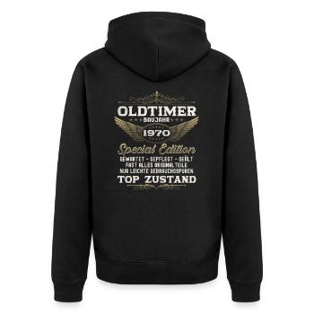 Oldtimer Jahrgang 1970 52. Geburtstag Geschenk fun - Unisex Premium Bio Zip Hoodie - Schwarz - Hinten - Nico (187cm)