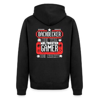 DACHDECKER bei Tag Gamer bei Nacht - Unisex Premium Bio Zip Hoodie - Schwarz - Hinten - Nico (187cm)