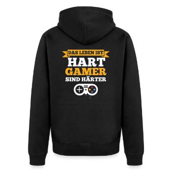 DAS LEBEN IST HART GAMER SIND HÄRTER - Unisex Premium Bio Zip Hoodie - Schwarz - Hinten - Nico (187cm)