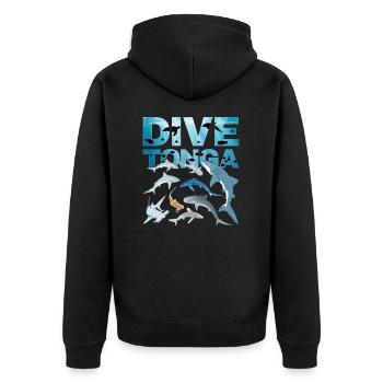 DIVE Tonga Haiarten Tigerhai Walhai Blauhai - Unisex Premium Bio Zip Hoodie - Schwarz - Hinten - Nico (187cm)