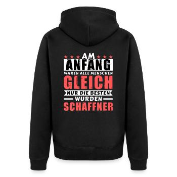 Am Anfang waren alle gleich - Schaffner Edition - Unisex Premium Bio Zip Hoodie - Schwarz - Hinten - Nico (187cm)
