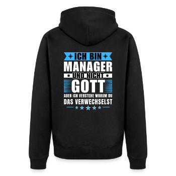 Ich bin Manager und nicht Gott - Unisex Premium Bio Zip Hoodie - Schwarz - Hinten - Nico (187cm)