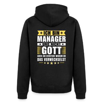 Ich bin Manager und nicht Gott - Unisex Premium Bio Zip Hoodie - Schwarz - Hinten - Nico (187cm)