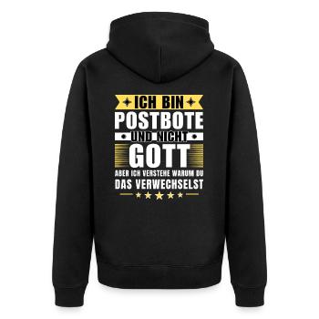 Ich bin Postbote und nicht Gott - Unisex Premium Bio Zip Hoodie - Schwarz - Hinten - Nico (187cm)