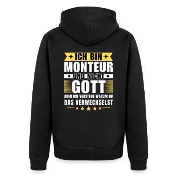 Ich bin Monteur und nicht Gott - Unisex Premium Bio Zip Hoodie - Schwarz - Hinten - Nico (187cm)
