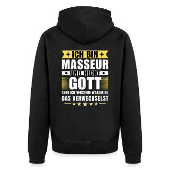 Ich bin Masseur und nicht Gott - Unisex Premium Bio Zip Hoodie - Schwarz - Hinten - Nico (187cm)