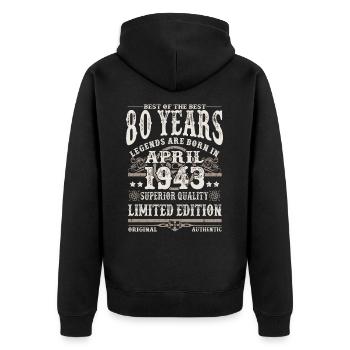 April 1943 geboren - 80 Jahre alt - Unisex Premium Bio Zip Hoodie - Schwarz - Hinten - Nico (187cm)