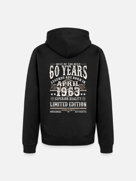 Født i april 1963 - 60 år gammel - Premium økologisk unisex-hættejakke - sort