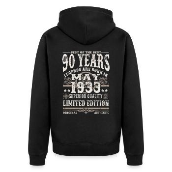 Mai 1933 geboren - 90 Jahre alt - Unisex Premium Bio Zip Hoodie - Schwarz - Hinten - Nico (187cm)