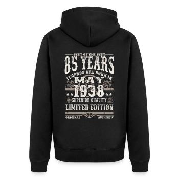Born in May 1938 - 85 years old - Unisex Premium Organic Zip Hoodie - black - Back - Nico (187cm)