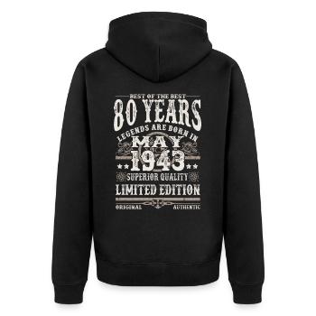 Mai 1943 geboren - 80 Jahre alt - Unisex Premium Bio Zip Hoodie - Schwarz - Hinten - Nico (187cm)