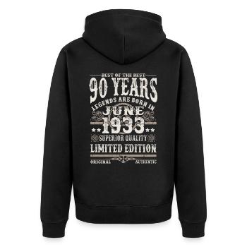 Geboren im Juni 1933 - 90 Jahre alt - Unisex Premium Bio Zip Hoodie - Schwarz - Hinten - Nico (187cm)