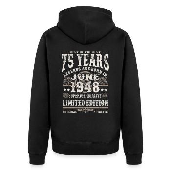 Né en juin 1948 - 75 ans - Veste à capuche bio Premium Unisexe - noir - Dos - Nico (187cm)