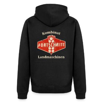Kombinat FORTSCHRITT Landmaschinen DDR Ostalgie - Unisex Premium Bio Zip Hoodie - Schwarz - Hinten - Nico (187cm)