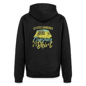 Mein letztes sauberes Oberteil beim Camping - Unisex Premium Bio Zip Hoodie - Schwarz - Hinten - Nico (187cm)
