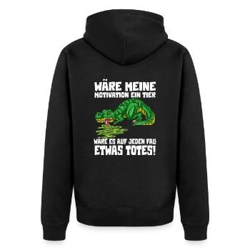 Motivation lustlos Witziges T-Rex Dino Outfit - Unisex Premium Bio Zip Hoodie - Schwarz - Hinten - Nico (187cm)