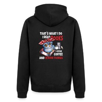 Eule mit heißem Tee Gemütlich ein Buch lesen - Unisex Premium Bio Zip Hoodie - Schwarz - Hinten - Nico (187cm)