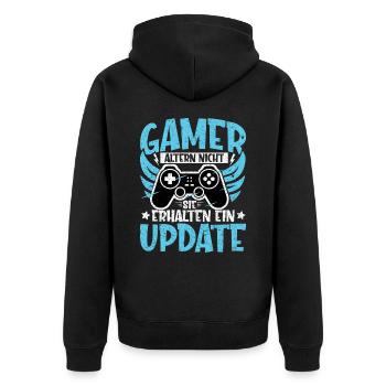 GAMER ALTERN NICHT - SIE ERHALTEN EIN UPDATE - Unisex Premium Bio Zip Hoodie - Schwarz - Hinten - Nico (187cm)