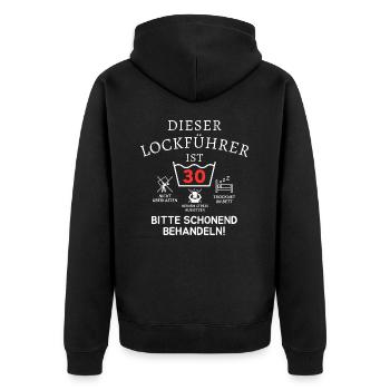 This decoy guide is 30. Treat gently - Unisex Premium Organic Zip Hoodie - black - Back - Nico (187cm)