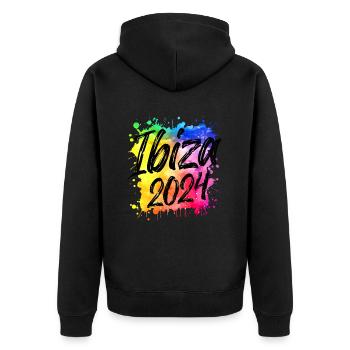 Ibiza 2024 Bunt Klecks - Unisex Premium Bio Zip Hoodie - Schwarz - Hinten - Nico (187cm)