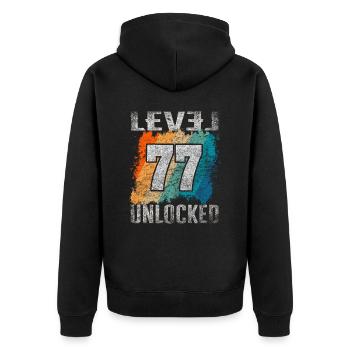 Birthday Gift Level Unlocked 77 years - Unisex Premium Organic Zip Hoodie - black - Back - Nico (187cm)